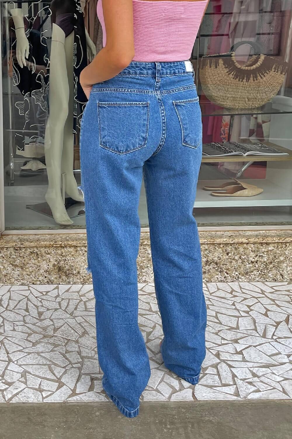 Calça Wide Leg Jeans Detalhe Destroyed
