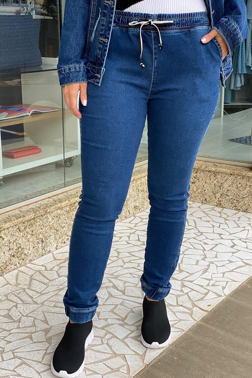 Calça Jeans Skinny Cordão Jogger