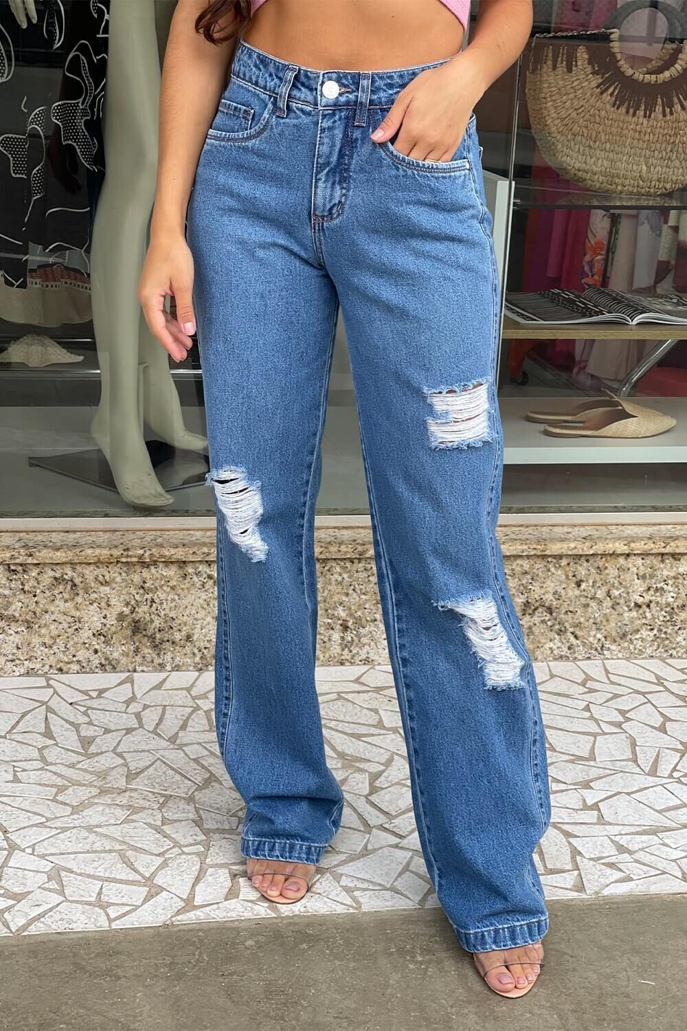 Calça Wide Leg Jeans Detalhe Destroyed