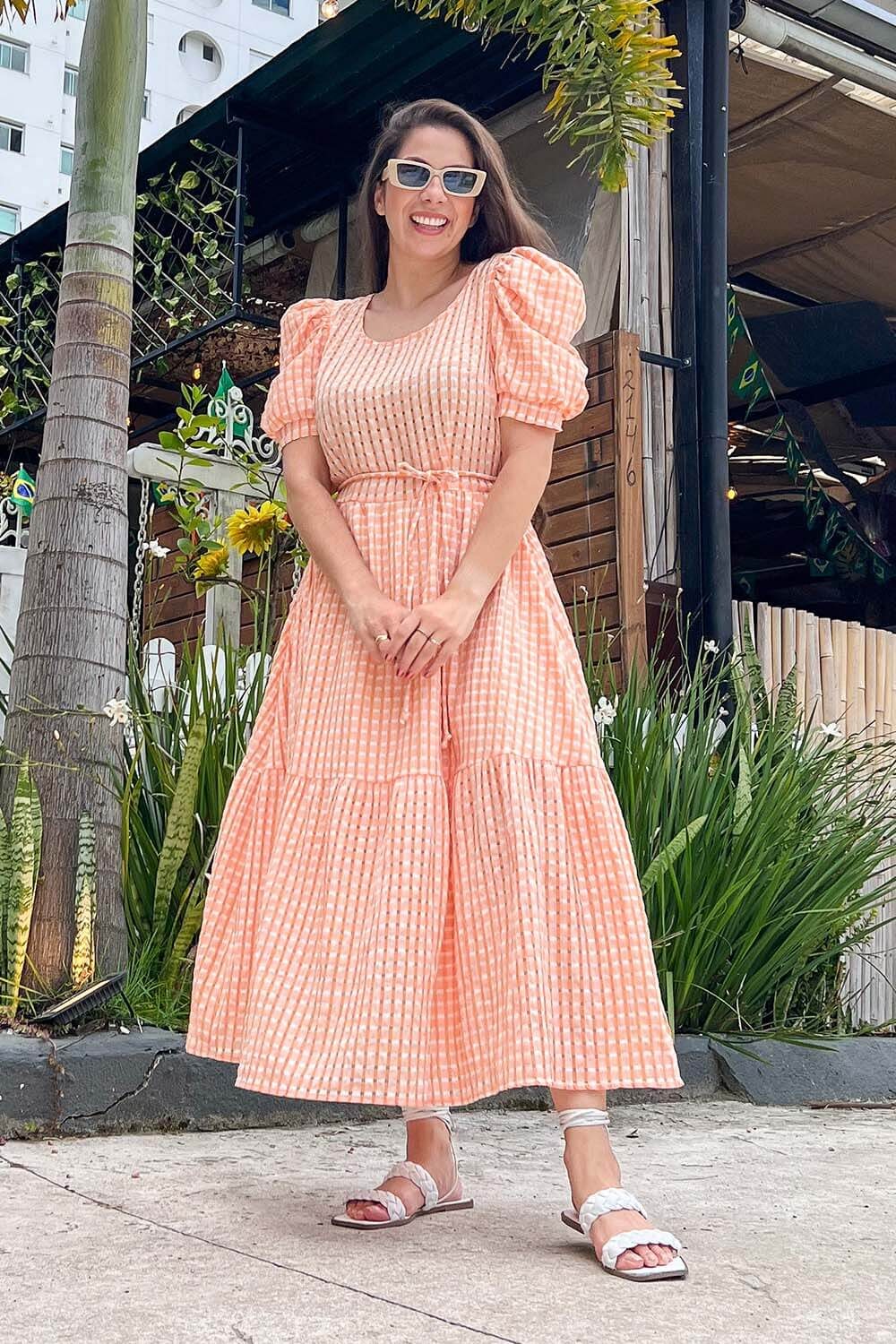 Vestido Midi Vichy Laranja e Off - Image 3