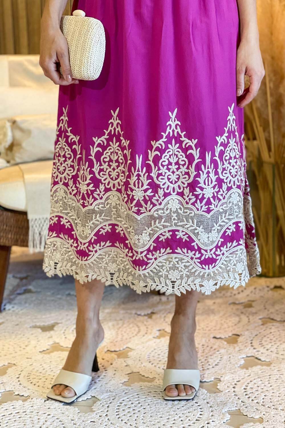 Conjunto Viscose Barrado Renda Guipir Fúcsia - Image 3