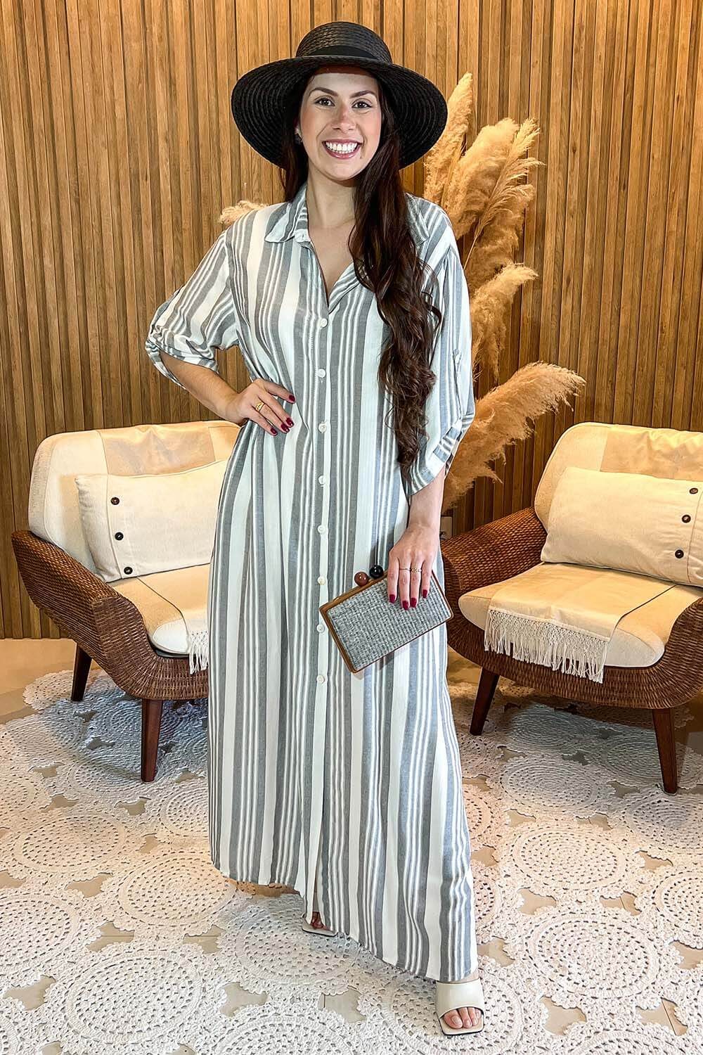 Vestido Chemisie Viscose Listras Mescla e Off White