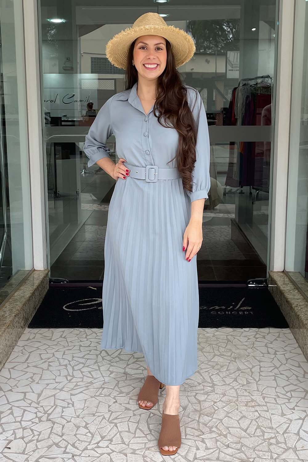 Vestido Longo Azul Grisaceo Com Saia Plissada