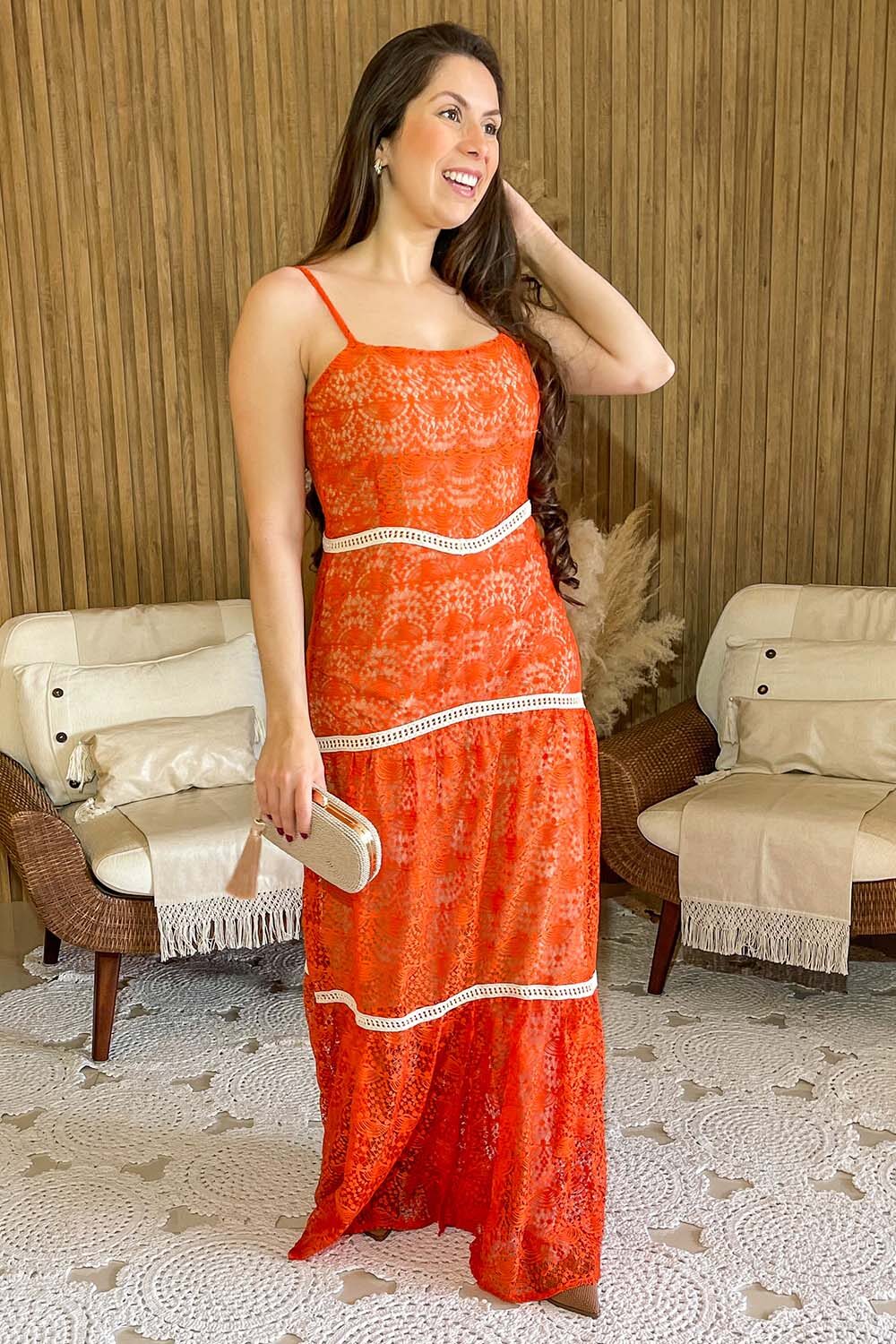 Vestido Longo Renda Tangerina Com Entremeio Bege