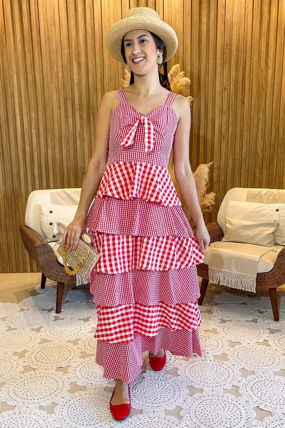 Vestido Carol Camila Midi Estampa Vichy Com Babado De Alça Com Lastex Nas Costas Cores Vermelho e Branco
