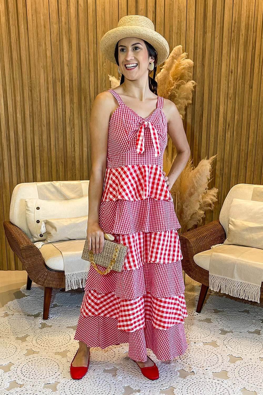 Vestido Carol Camila Midi Estampa Vichy Com Babado De Alça Com Lastex Nas Costas Cores Vermelho e Branco
