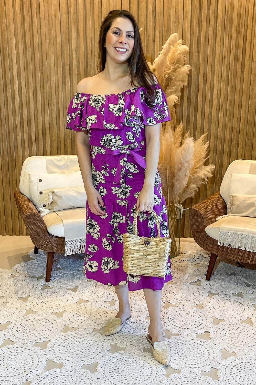 Vestido Midi Ombro a Ombro Com Babado Estampa Floral Fúcsia e Off