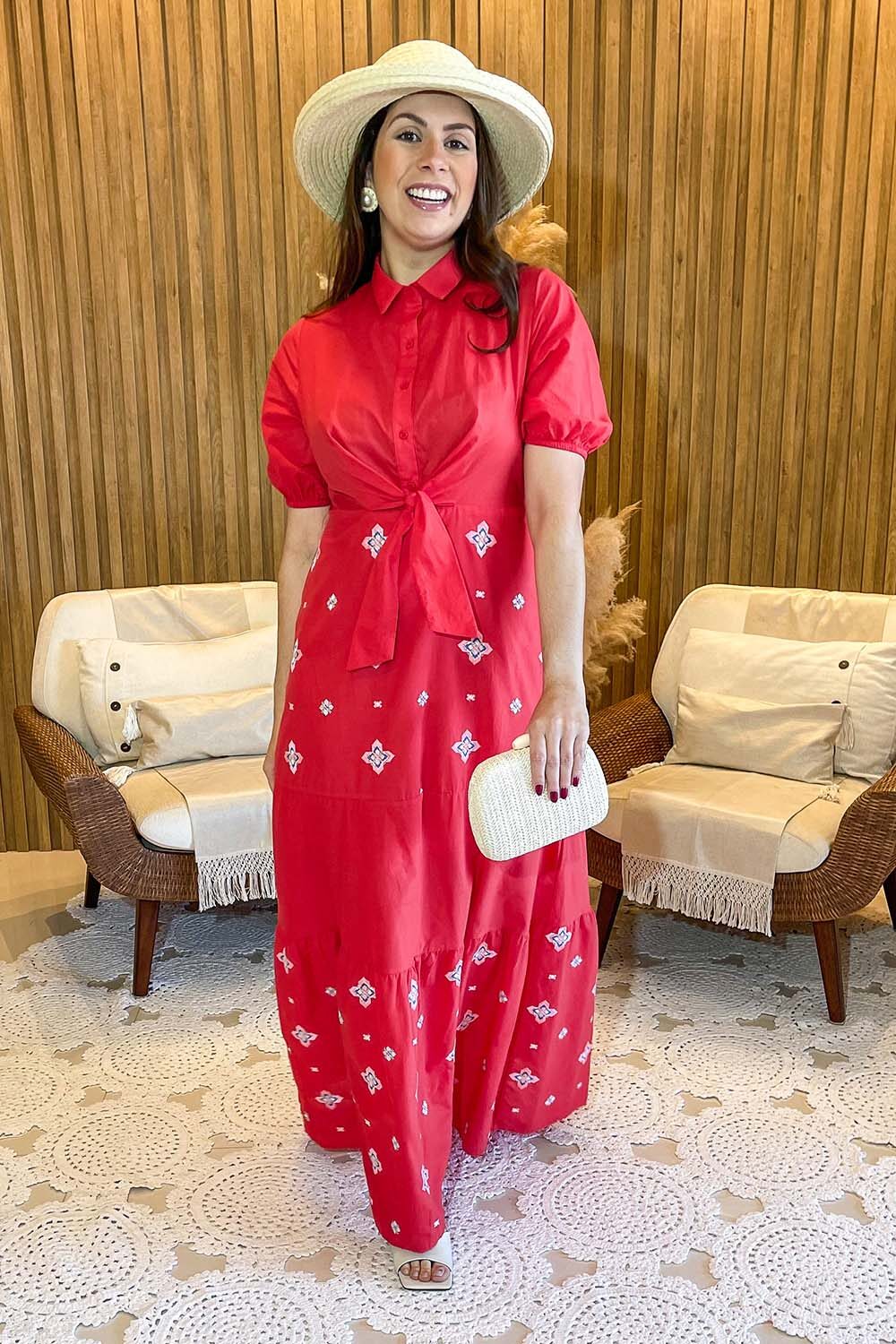 Vestido Longo Viscose Com Detalhe Camisa e Bordado Maquinetado Vermelho