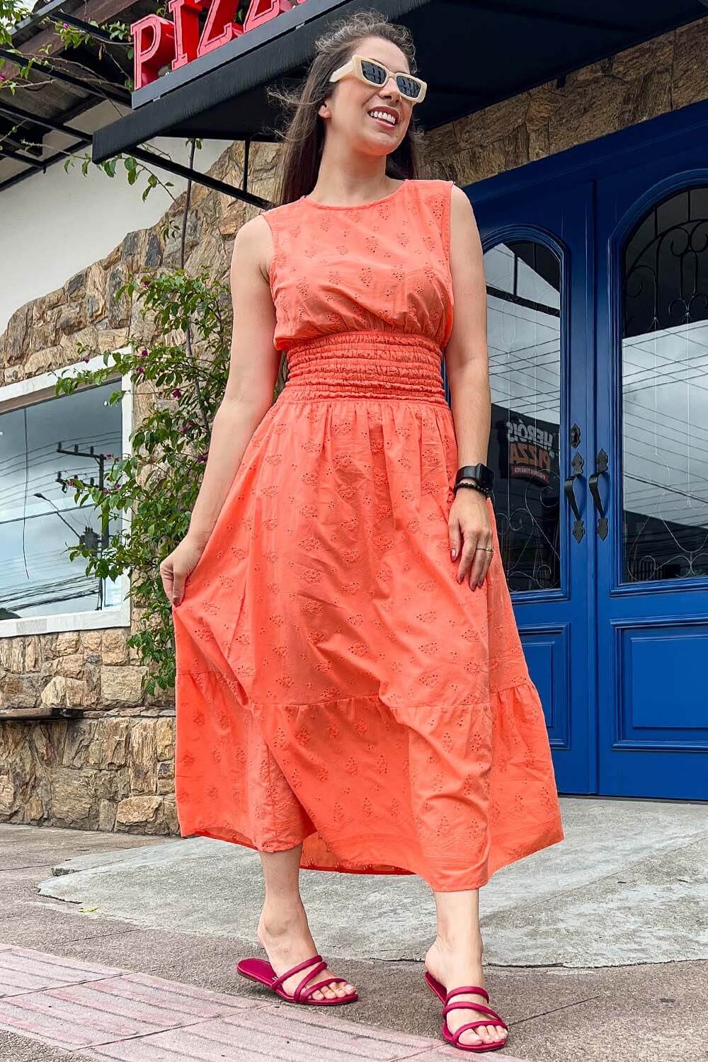 vestido midi algodao lasie laranja