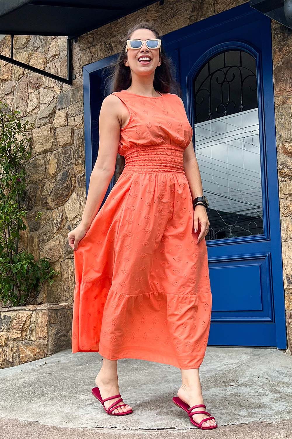 vestido midi algodao lasie laranja