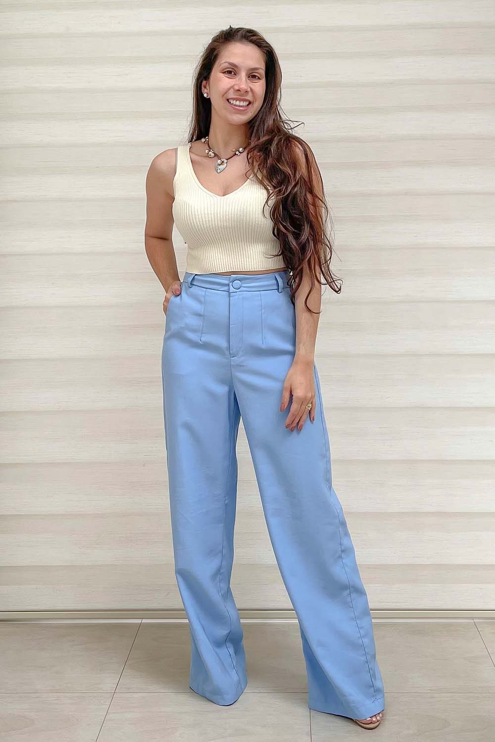 Calça Sly Alfaiataria Pantalona Em Viscose Cor Azul Céu
