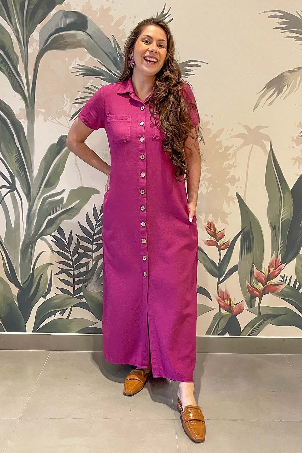 Vestido Chemisie Longo Algodão Fúcsia