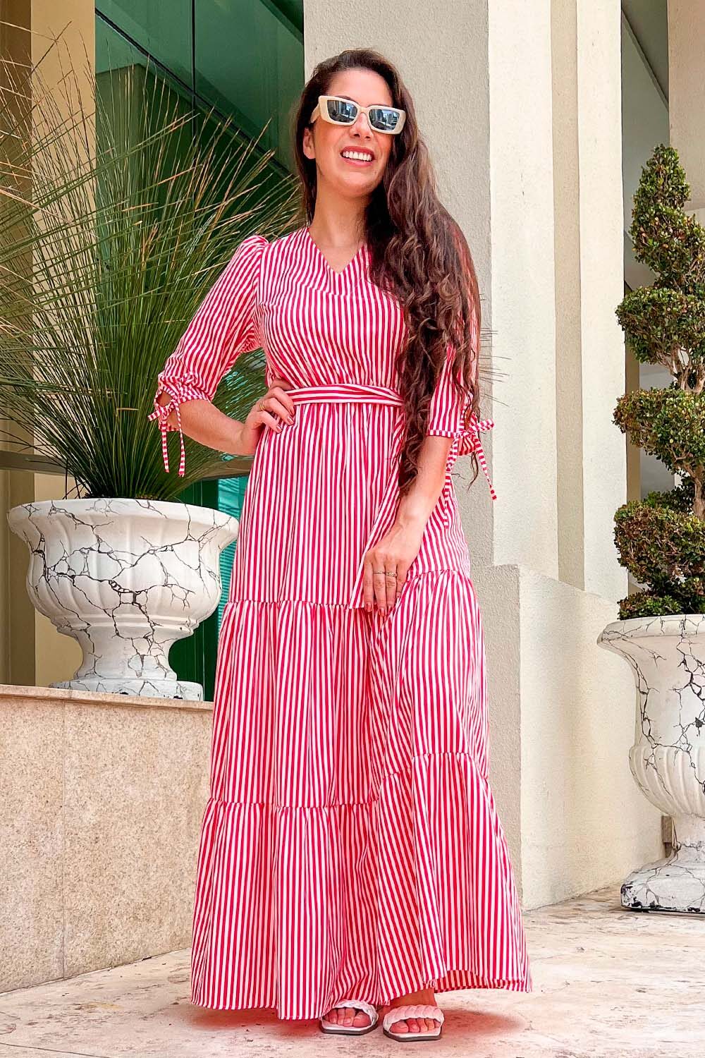 Vestido Longo Crepe Pied Poule Vermelho - Image 3