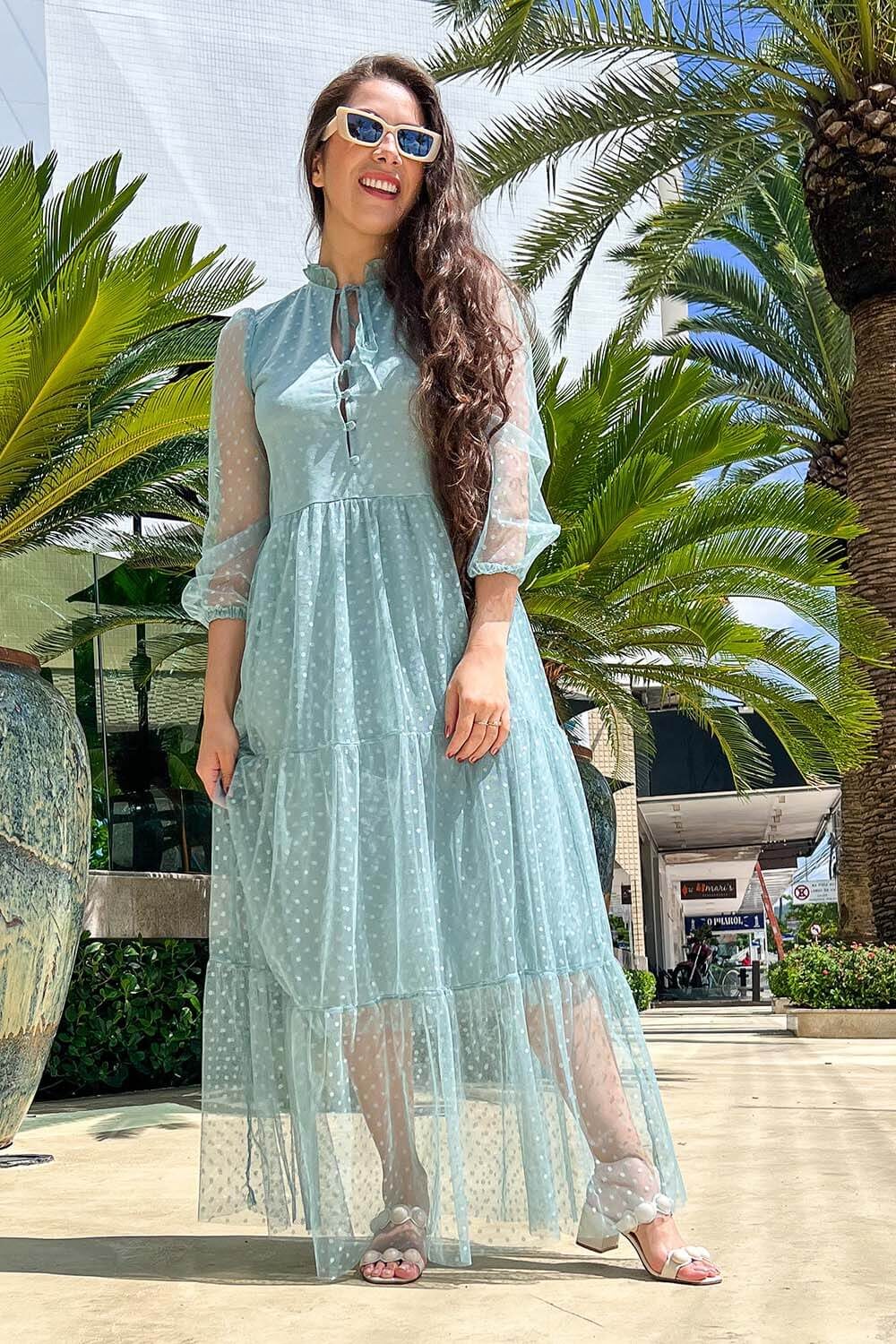 Vestido Longo Tule Poá Azul - Image 3