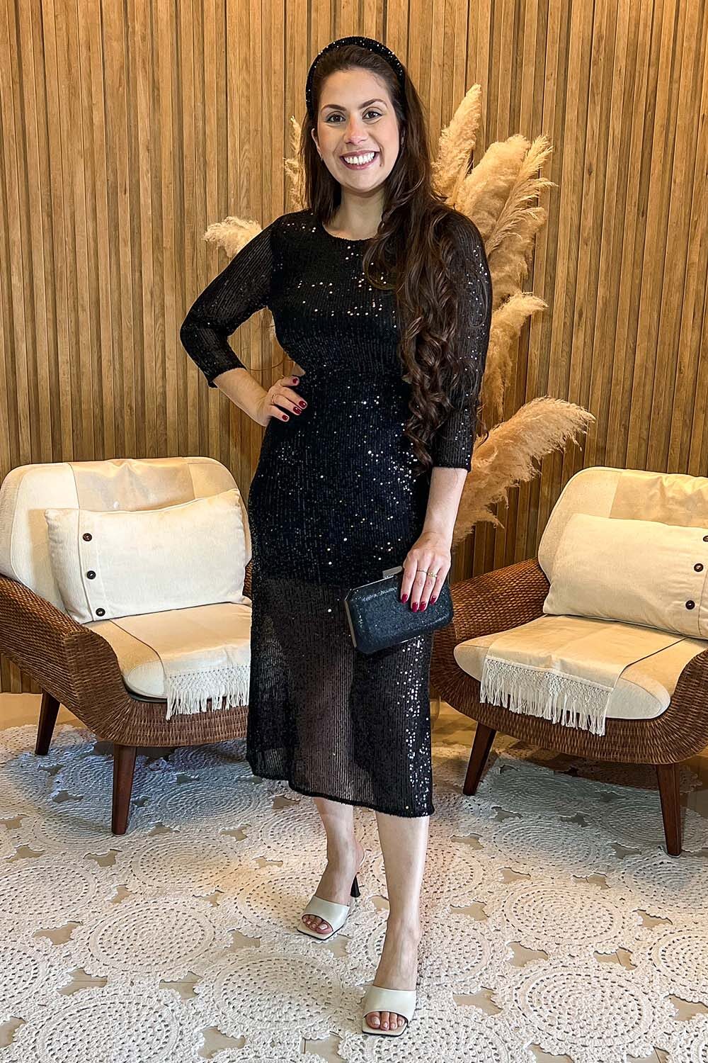 Vestido Sly Midi Paetê Preto Com Abertura Na Cintura