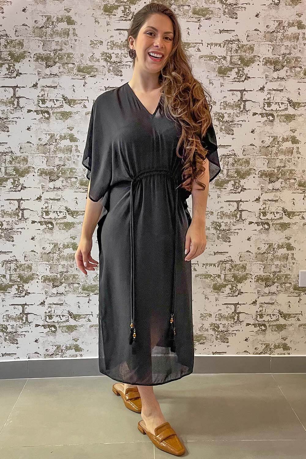 Vestido Kaftan Cantão Midi Viscose Preto