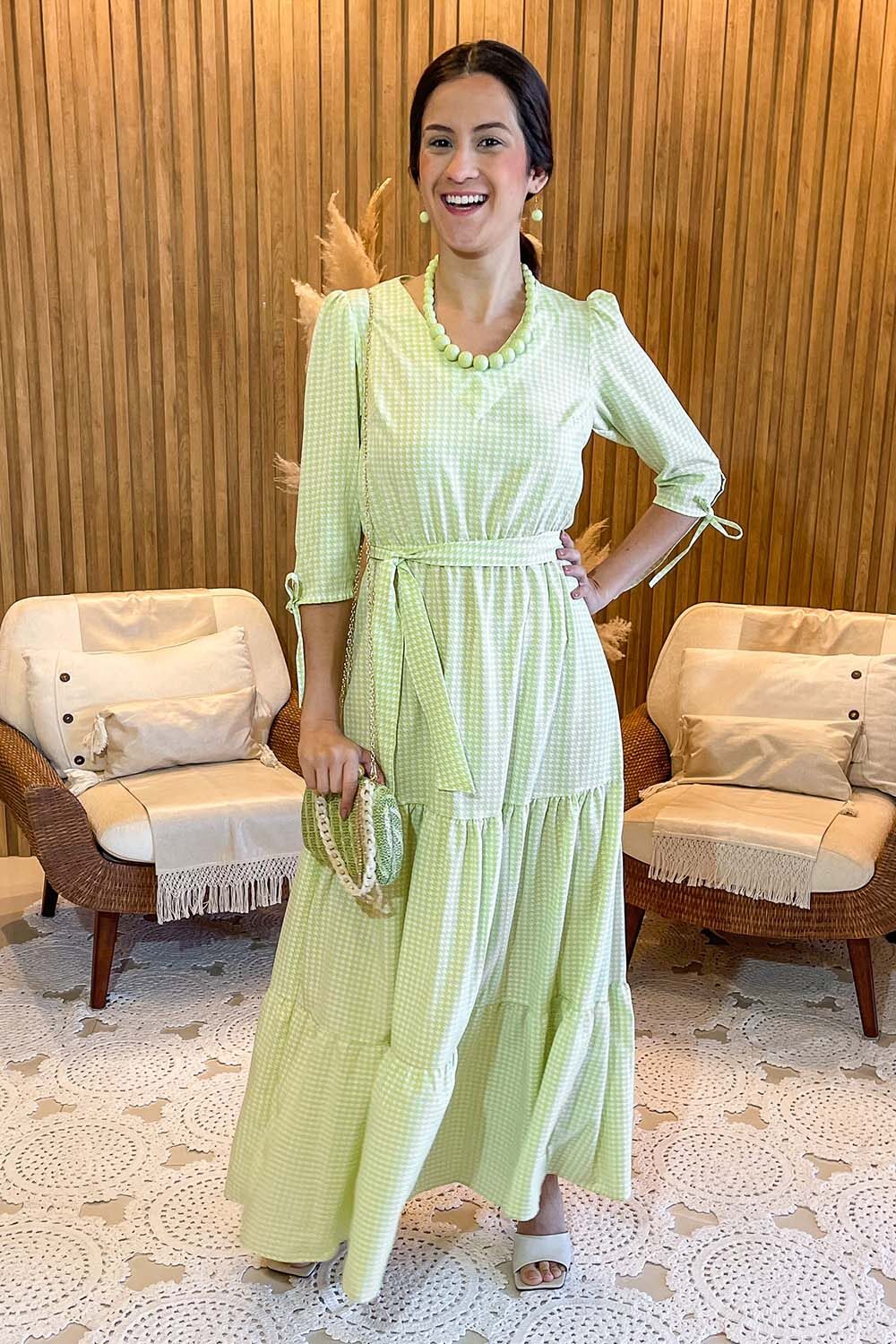 Vestido Longo Crepe Pied Poule Verde